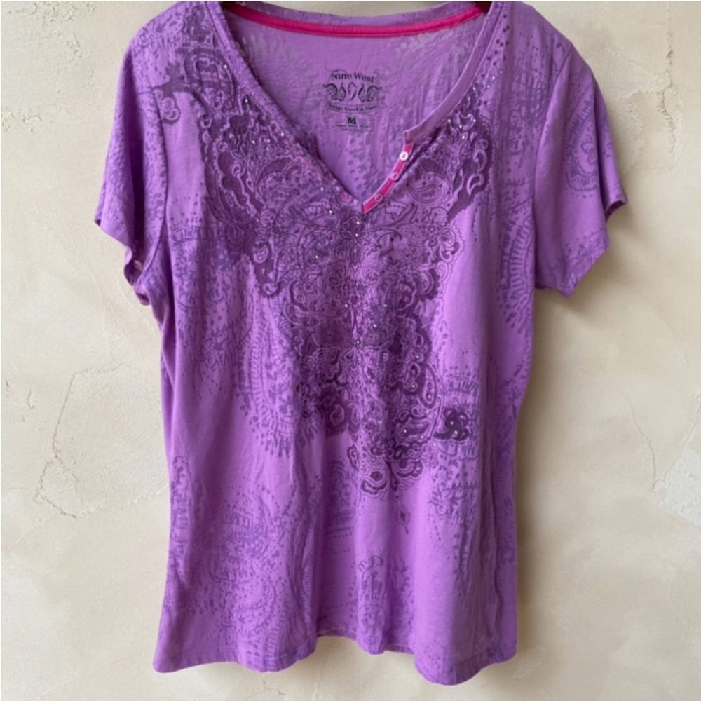 Nine West Vintage America Jeans Purple Paisley Pattern Semi-sheer Top Size M
